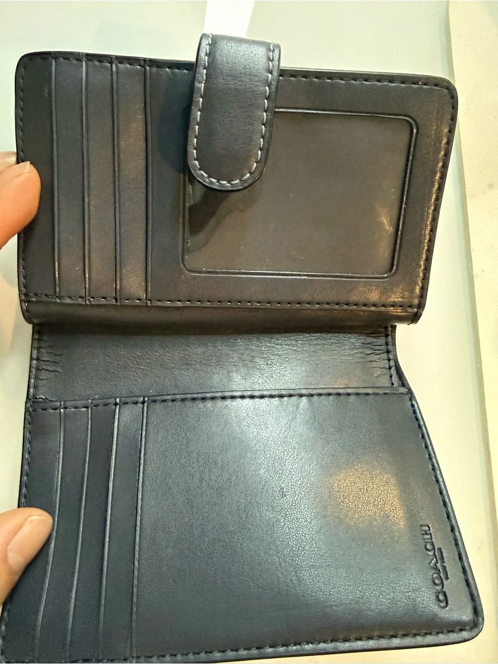 Coach Compact Card Holder in Blue and Brown Signature Canvas